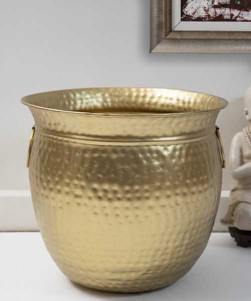 Hand Hammered Round Planter In Brass Gold Finish With Loop Handles