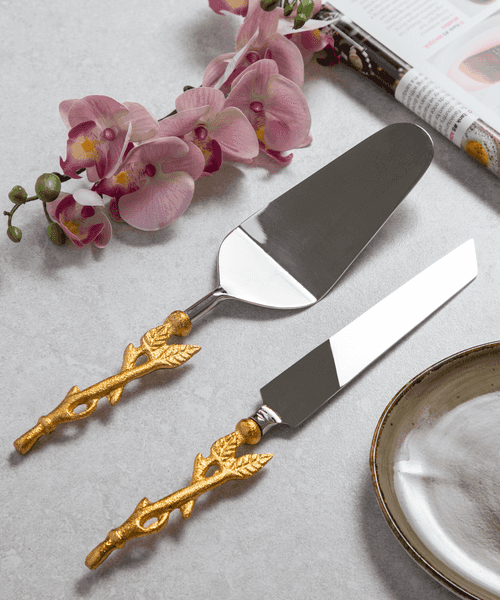 Stem With Leaves Cake Cutlery (Spatula And Knife Set)