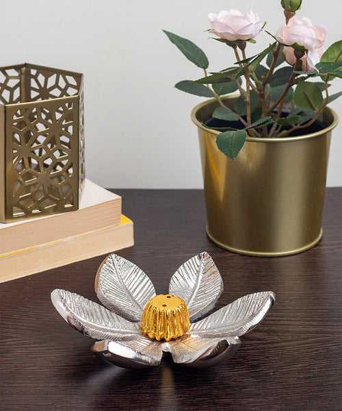 Silver Flower with Gold Center Incense Holder