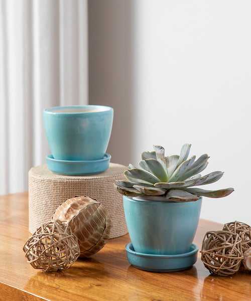 Light Turquoise and Sky Blue Shaded Glazed Ceramic Planter with Plate