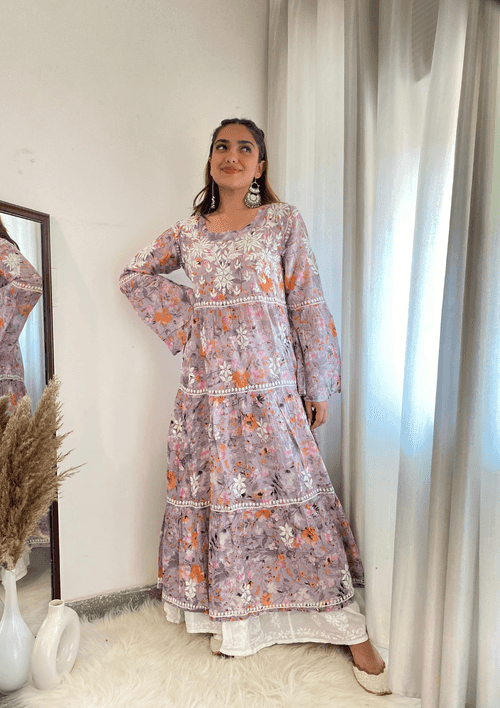 Zarah Chikankari Mulmul Tiered A-Line Gown