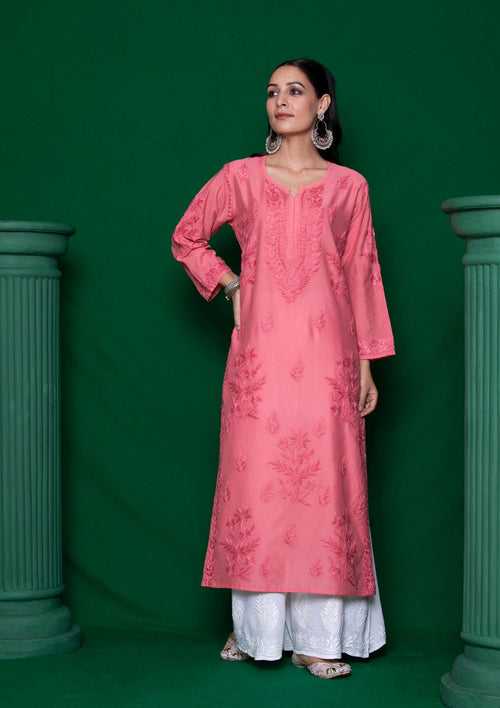 Chanderi Chikankari Solid Women's Long Kurta - Pink