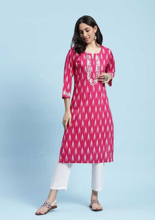 Cotton Chikankari Printed Women's Long Kurta - Pink