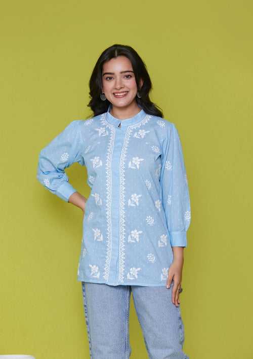 Cotton Chikankari Solid Women's Shirt - Blue