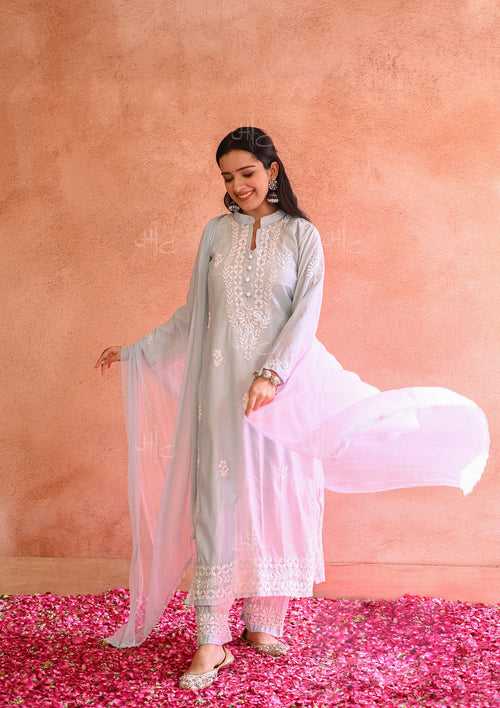 Ifrah Chikankari Chanderi Straight Kurta Set with Dupatta