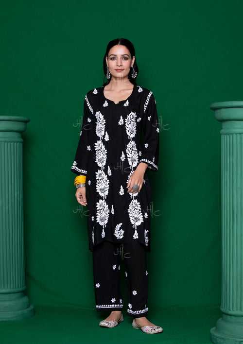 Modal Chikankari Solid Women's 2 PC Short Kurta Set - Black