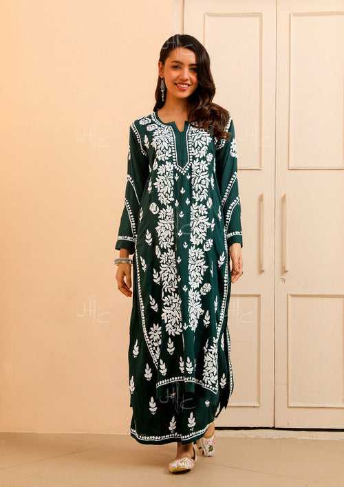 Modal Chikankari Solid Women's Kurta Set - Green