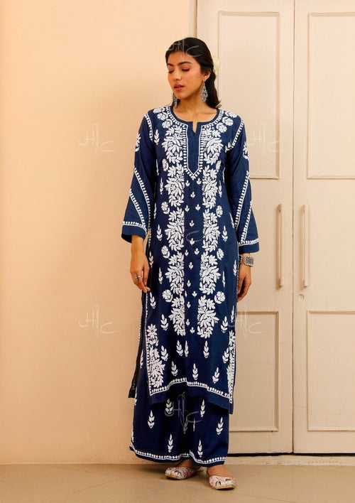 Modal Chikankari Solid Women's Kurta Set - Navy Blue