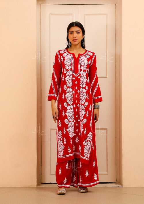 Modal Chikankari Solid Women's Kurta Set - Red