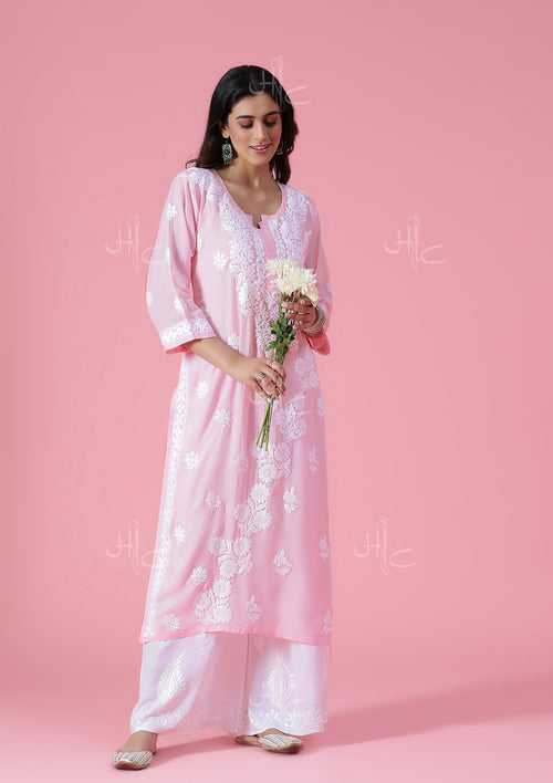 Modal Chikankari Solid Women's Long Kurta - Light Pink