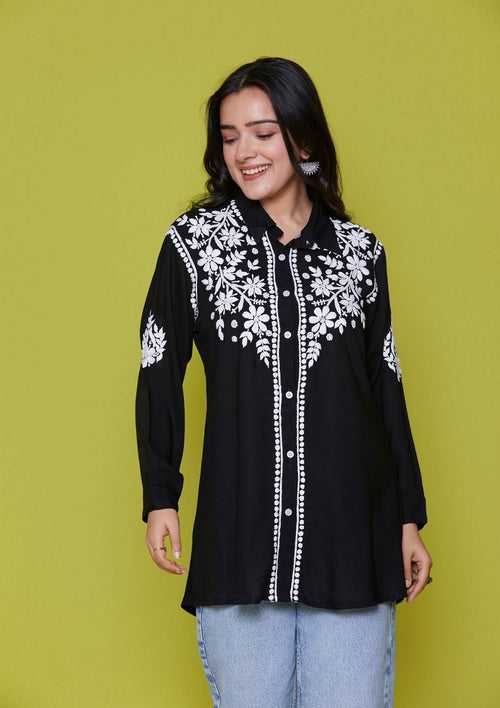 Modal Chikankari Solid Women's Shirt - Black