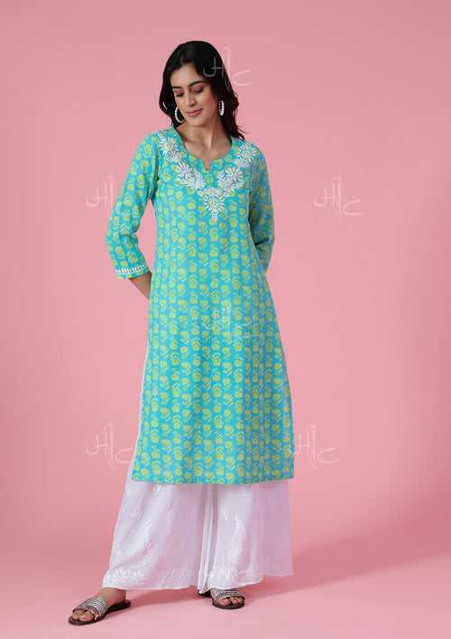 Kantha Cotton Chikankari Printed Women's Long Kurta - Blue