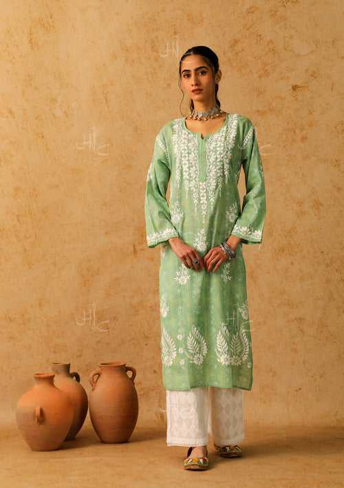 Mulmul Chikankari Printed Women's Long Kurta - Green