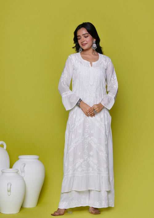 Muslin Chikankari Solid Women's Long Kurta - White