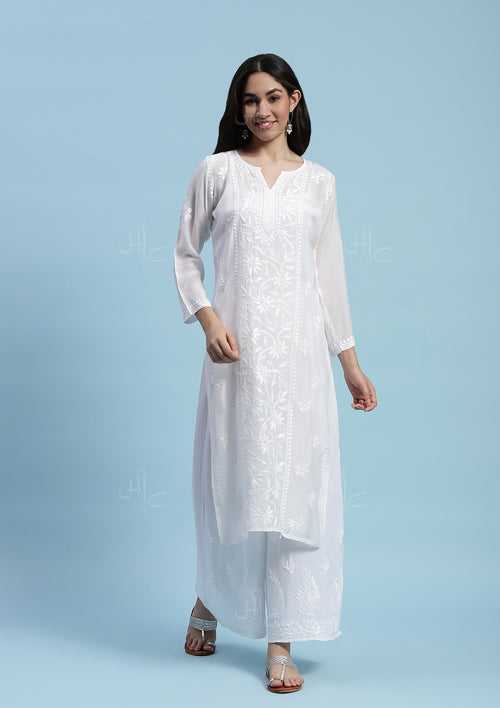 Muslin Chikankari Solid Women's Long Kurta - White