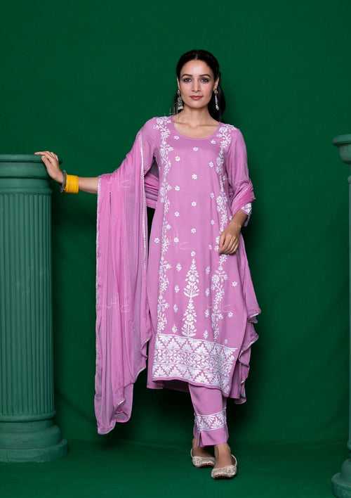 Rayon Chikankari Solid Women's 3 PC Long Kurta Set - Pink