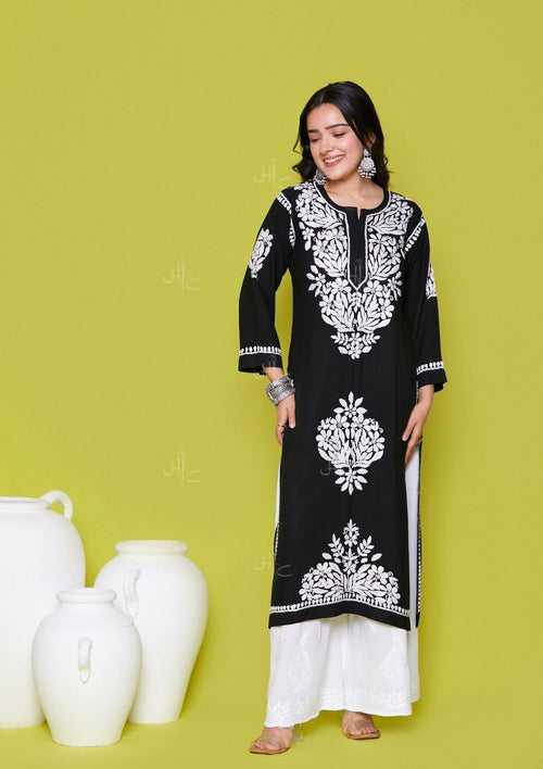 Rayon Chikankari Solid Women's Long Kurta - Black