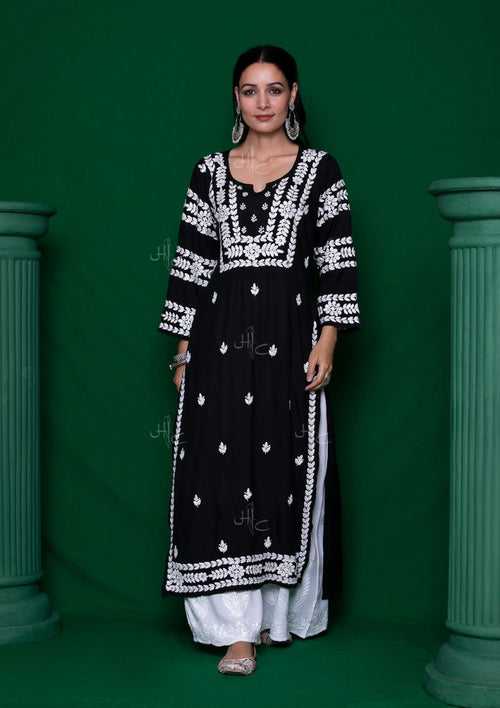 Rayon Chikankari Solid Women's Long Kurta - Black