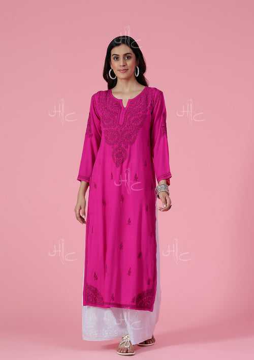 Rayon Chikankari Solid Women's Long Kurta - Pink