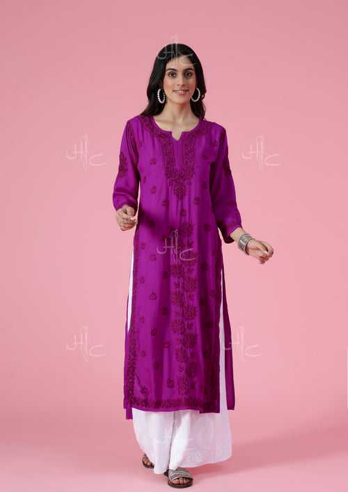 Rayon Chikankari Solid Women's Long Kurta - Purple