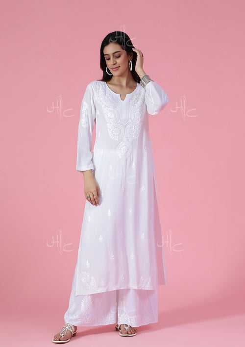 Rayon Chikankari Solid Women's Long Kurta - White