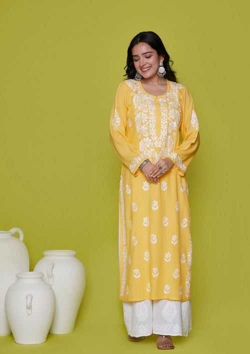 Rayon Chikankari Solid Women's Long Kurta - Yellow