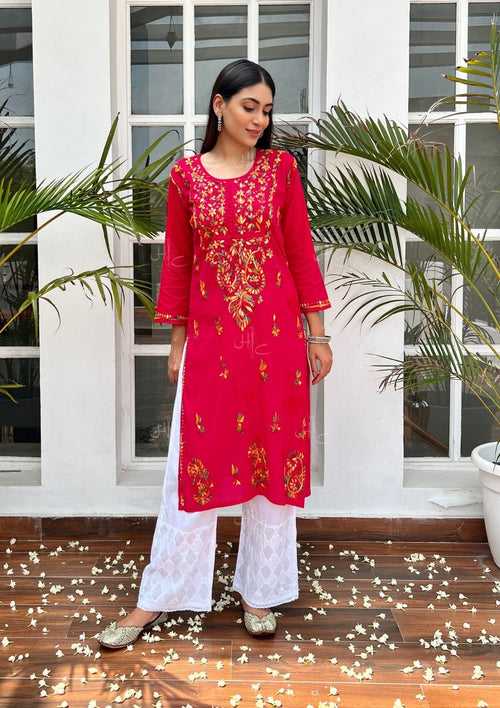 Surkh Chikankari Cotton Straight Kurta