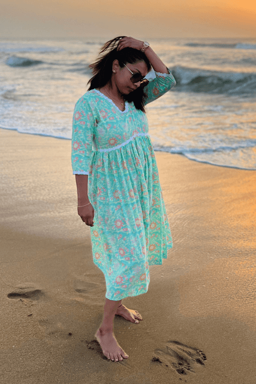 Ice Blue Floral Cotton maxi Dress