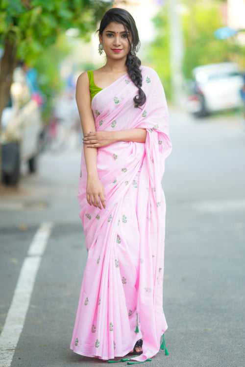 Baby pink block printed mul cotton saree