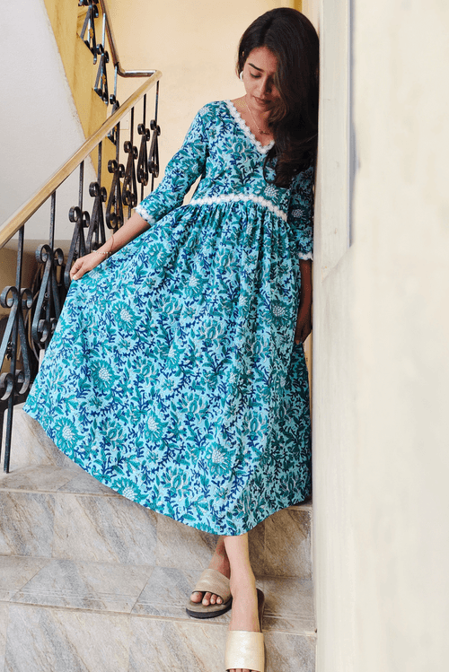 Blue Floral Cotton maxi Dress