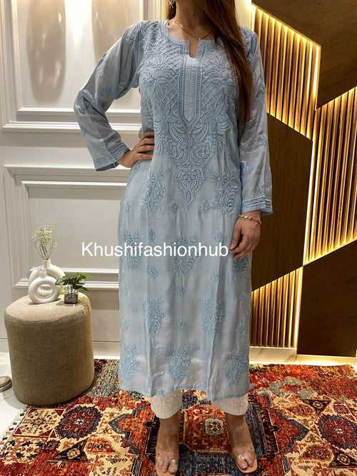 Chikankari Muslin Blue Kurti