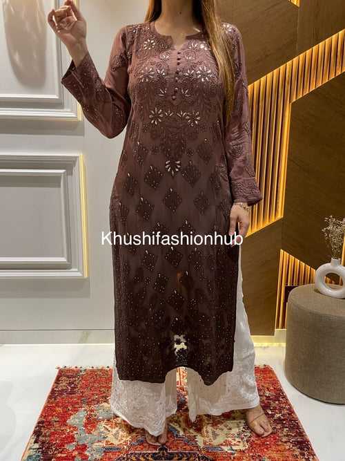 Chikankari Viscose Brown Kurti