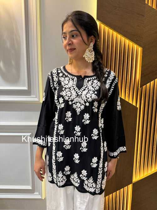 Chikankari Modal Black Short Kurti