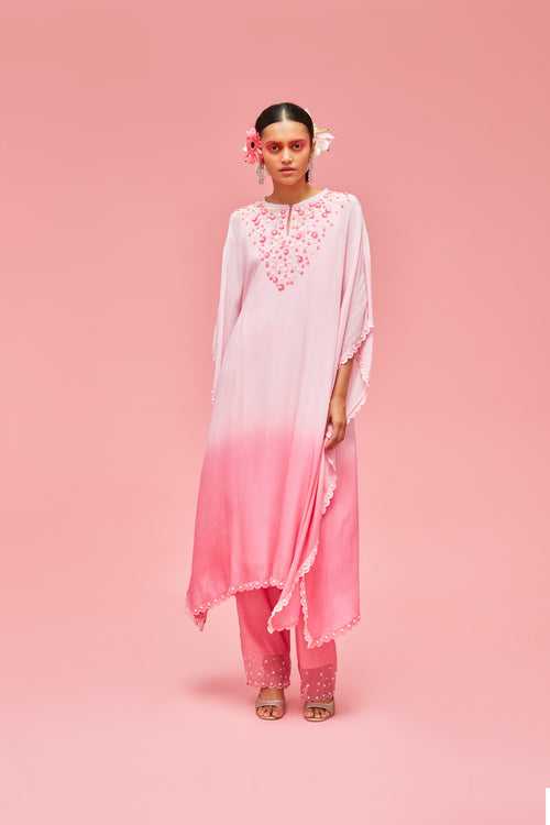 Izmir Embroidered Ombré Kaftan with Encrusted Pearl Scallop Edged Palazzos