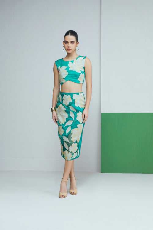 Green Floral Applique Crop Top With Pencil Skirt