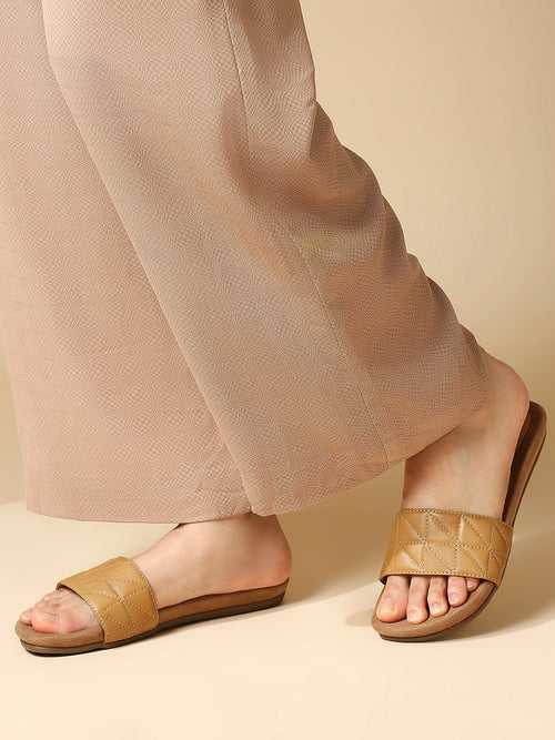 Women Beige Solid Textured Open Toe Flats