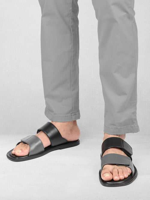 Men Black/Grey Leather Comfort Sandals