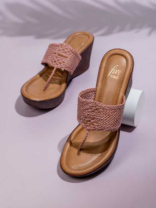 Women Peach Woven Design Wedge Sandals