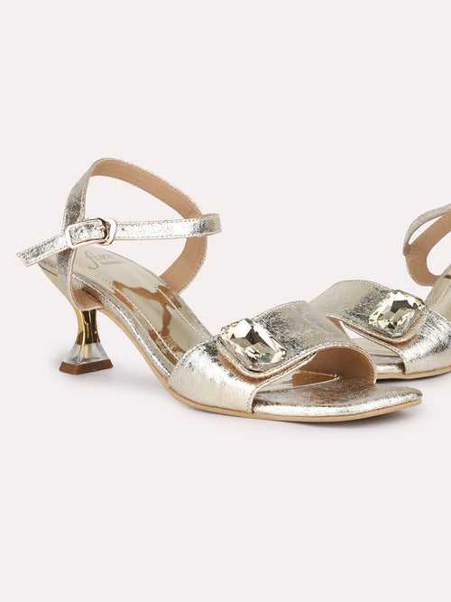 Women Gold Textured Embellished Kitten Heels With Buckle Details