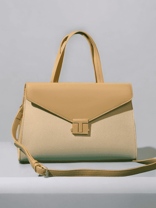 Women Beige Textured PU Structured Handheld Bag