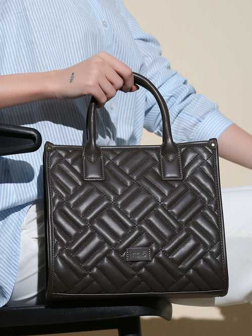 Women Grey Textured Structured Handheld Bag With Quilted