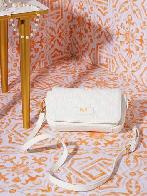 Women White Textured Structured Sling Bag With Quilted Detailing