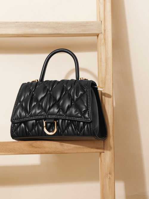 Women Black Quilted Textured Structured Handheld Bag with Sling