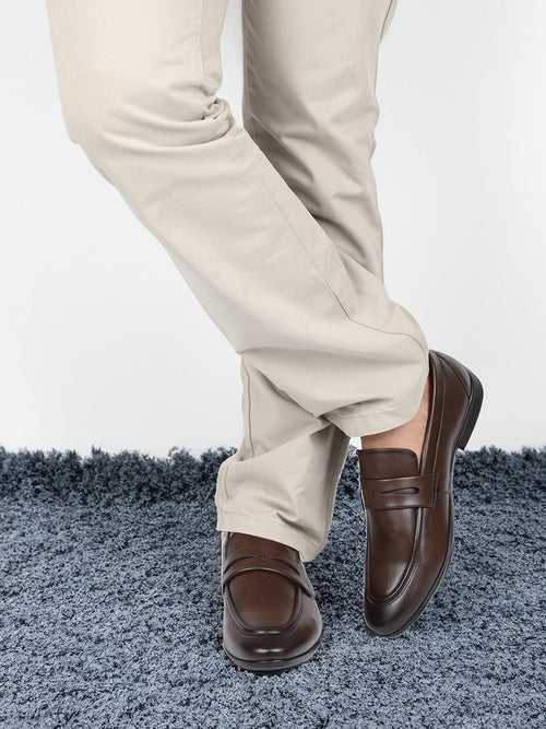 Men Brown Solid Leather Formal Slip-Ons Shoes
