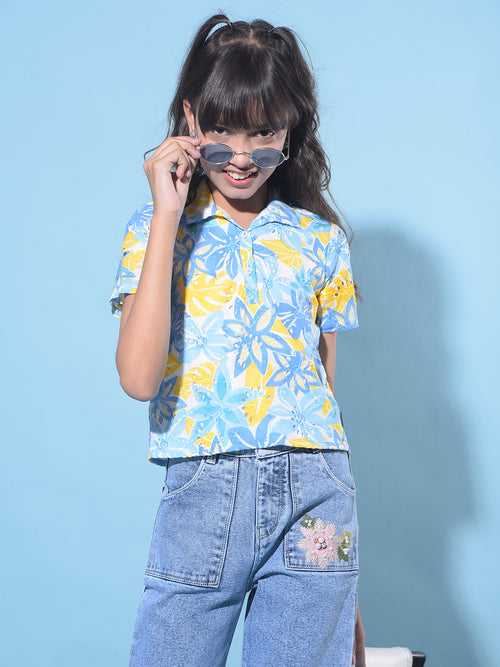 Yellow Floral Print 100% Cotton Crop Length Top