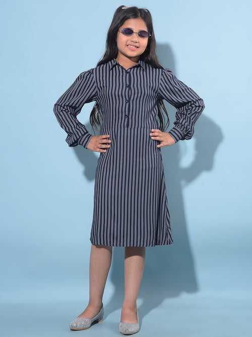 Navy Blue Vertical Striped 100% Lyocell A-Line Dress