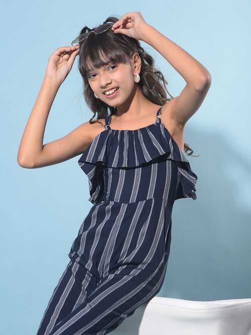 Navy Blue Vertical Striped Calf Length Jumpsuit