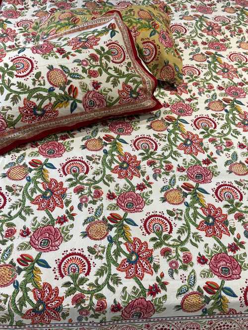 FESTIVE HAND BLOCK PRINTED BEDSHEET WITH TWO REVERSIBLE PILLOW COVERS