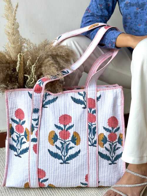 HAND BLOCK PRINTED TOTE BAG WITH ZIP