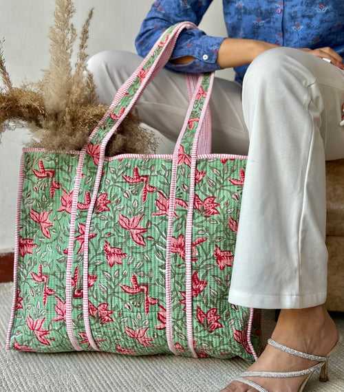 HAND BLOCK PRINTED TOTE BAG WITH ZIP